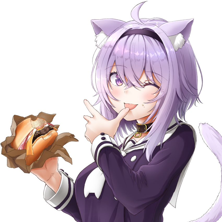 1girl absurdres ahoge animal_ear_fluff animal_ears bangs black_blouse blouse blush buttons cat_ears cat_girl cat_tail commentary_request double-breasted eating eyelashes finger_licking fingernails food hair_between_eyes hairband hamburger highres holding holding_food hololive licking long_sleeves looking_at_viewer neckerchief nekomata_okayu one_eye_closed purple_eyes purple_hair sailor_collar school_uniform serafuku short_hair simple_background smile solo tail takupopn_player upper_body virtual_youtuber white_background white_neckwear