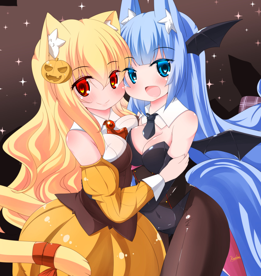 2girls :d animal_ears ass_visible_through_thighs bangs bare_shoulders black_gloves black_leotard black_neckwear black_wings blonde_hair blue_eyes blue_hair blush breast_press breasts brown_legwear bubble_skirt cat_ears cat_girl cat_tail cleavage closed_mouth collar collared_shirt commentary_request demon_wings detached_collar detached_sleeves elbow_gloves eyebrows_visible_through_hair fox_ears fox_girl fox_tail gloves hair_between_eyes hair_ornament head_wings highres jack-o'-lantern jack-o'-lantern_hair_ornament juliet_sleeves kanijiru leotard long_hair long_sleeves medium_breasts multiple_girls necktie open_mouth original pantyhose pleated_skirt puffy_sleeves red_eyes red_ribbon ribbon shirt short_necktie skirt sleeveless sleeveless_shirt smile sparkle strapless strapless_leotard symmetrical_docking tail tail_ribbon thigh_gap very_long_hair white_collar white_shirt wing_collar wings yellow_skirt yellow_sleeves