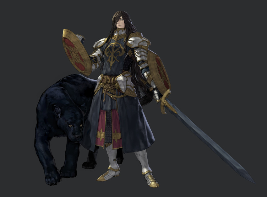 1boy armor black_panther boots brown_hair cape chainmail closed_mouth commentary english_commentary faulds full_body gauntlets grey_background grey_eyes hair_over_one_eye highres holding holding_shield holding_sword holding_weapon jaeyeong long_hair looking_at_viewer male_focus metal_boots multiple_shields one_eye_covered original panther pauldrons shield shoulder_armor simple_background solo standing sword tabard waist_cape weapon