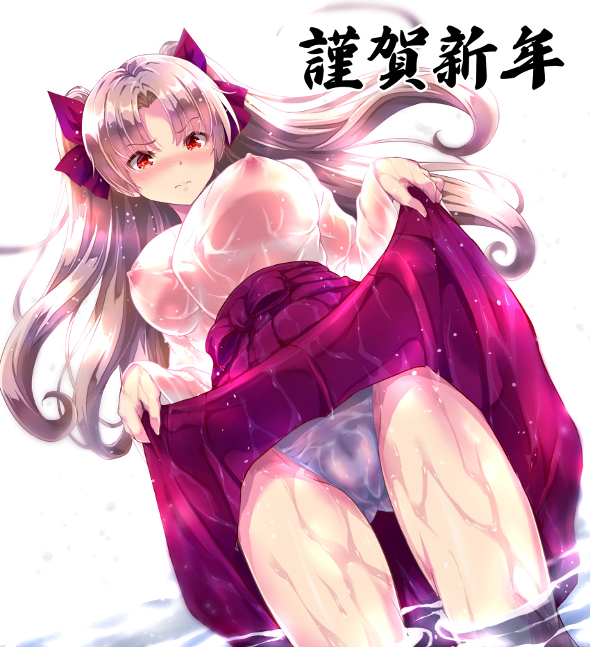 1girl alternate_costume bangs blush bow breasts cameltoe closed_mouth covered_nipples cowboy_shot dress dress_lift ereshkigal_(fate/grand_order) eyebrows_visible_through_hair fate/grand_order fate_(series) from_below hair_bow highres large_breasts long_hair long_sleeves looking_down nipples no_bra panties purple_bow purple_dress purple_panties red_eyes see-through shirt solo standing standing_on_liquid thighs toenketsu translation_request twintails underwear water wet wet_clothes white_background white_shirt