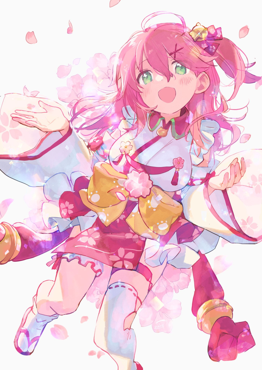 1girl ahoge bell cherry_blossom_print floral_print green_eyes hair_bell hair_ornament hairclip highres hololive looking_at_viewer open_mouth paw_print_pattern petals pink_hair sakura_miko sandals single_thighhigh solo thighhighs virtual_youtuber white_background white_legwear x_hair_ornament zuho_(vega)