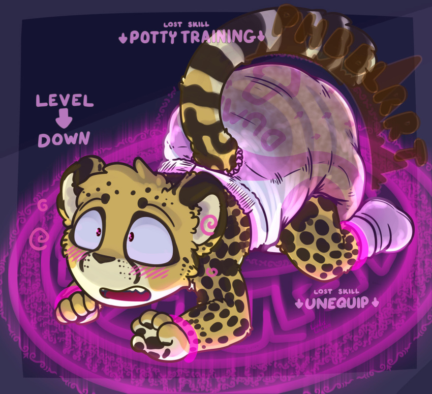 anthro blush cheetah diaper english_text feces felid feline ludis-luteo magic magic_circle male mammal messy_diaper open_mouth pooping pupils scat simple_background small_pupils soiled_diaper soiling soiling_diaper solo text