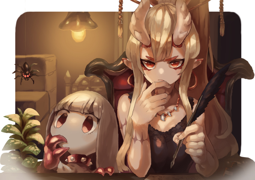 2girls absurdres blonde_hair bug ceiling_light chair closed_mouth collar earrings eye_(okame_nin) fewer_digits finger_to_chin fingernails frown hair_ornament hairpin hand_up highres holding_quill hoop_earrings horns iga_(okame_nin) indoors jewelry light_bulb long_hair looking_at_viewer multiple_girls necklace no_mouth okame_nin original plant pointy_ears ponytail potted_plant quill red_eyes scar sitting spider spiked_collar spiked_horns spikes surgical_scar tooth_necklace white_hair