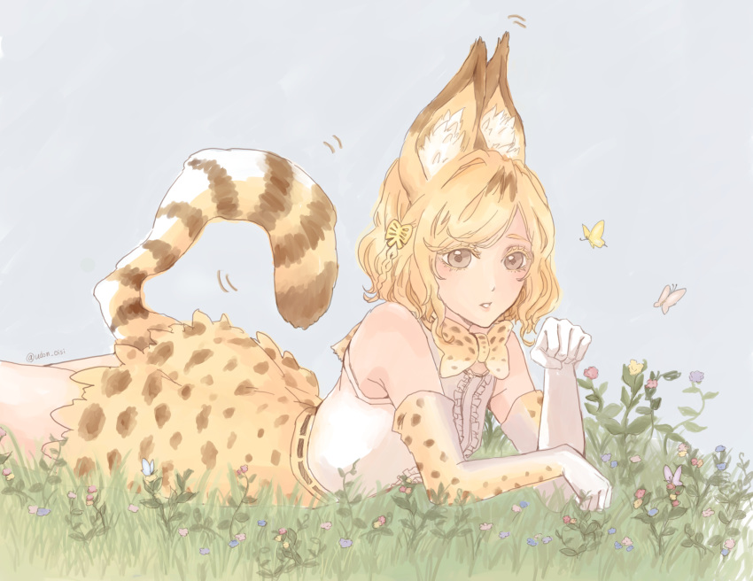 1girl akagi_mako animal_ears ballroom_e_youkoso blonde_hair bow bowtie brown_eyes bug butterfly cosplay elbow_gloves flower gloves hair_ornament high-waist_skirt highres insect kemono_friends print_bow print_gloves print_neckwear print_skirt serval_(kemono_friends) serval_(kemono_friends)_(cosplay) serval_ears serval_print serval_tail skirt striped_tail tail udon_oisi