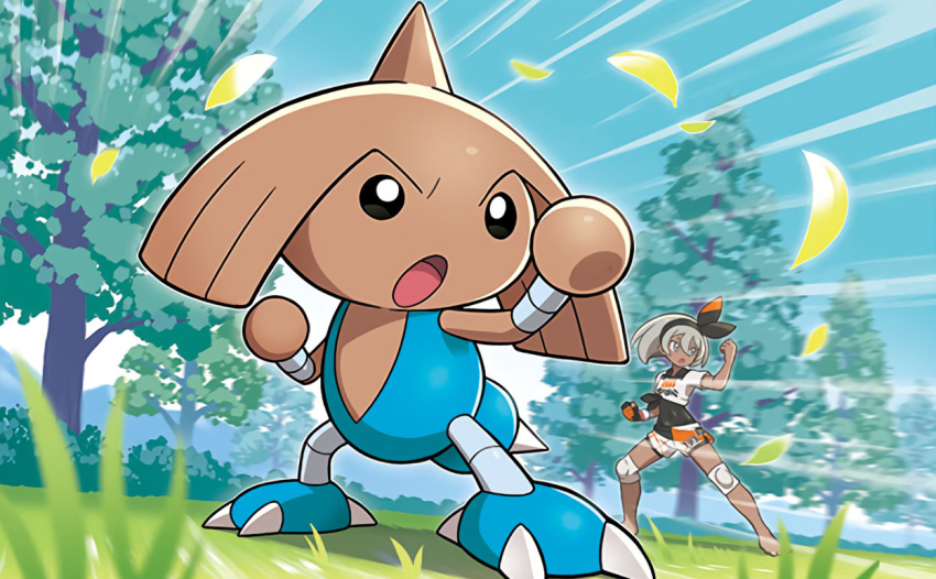 1girl bangs bea_(pokemon) black_bodysuit black_eyes black_hairband bodysuit bodysuit_under_clothes bow_hairband clenched_hands commentary day dynamax_band gen_2_pokemon gloves grass grey_hair gym_leader hair_between_eyes hairband hitmontop knee_pads leaves_in_wind legs_apart official_art open_mouth outdoors pokemon pokemon_(creature) pokemon_(game) pokemon_swsh pokemon_trading_card_game print_shirt print_shorts sakuma_sanosuke shirt short_sleeves shorts side_slit side_slit_shorts single_glove tied_shirt tongue tree