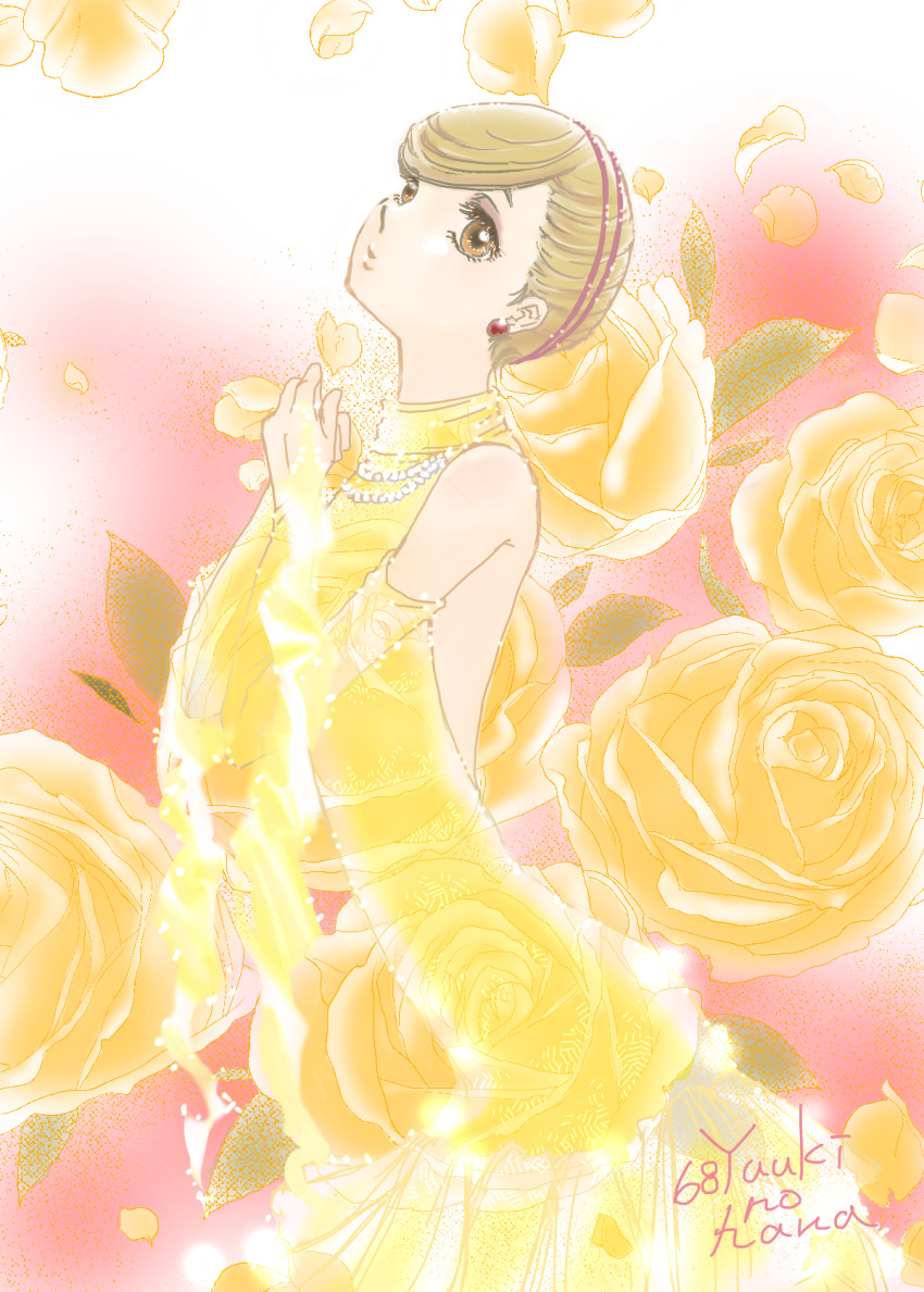 1girl akagi_mako ballroom_e_youkoso blonde_hair brown_eyes dress earrings elbow_gloves flower gloves halter_dress headband highres jewelry necklace pearl_necklace solo user_rmza4478 yellow_dress