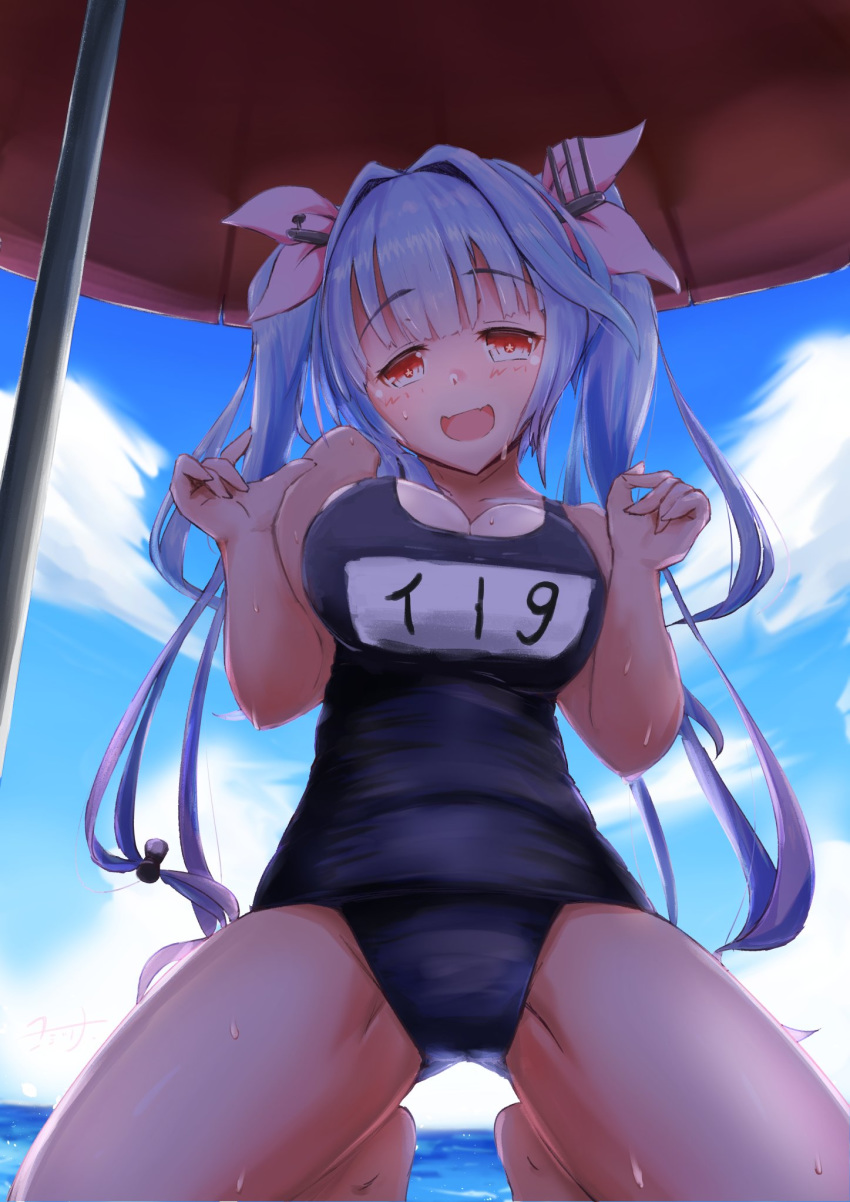 1girl beach_umbrella blue_hair blue_sky breasts cloud day fang from_below hair_ribbon highres horizon i-19_(kantai_collection) kantai_collection kneeling large_breasts long_hair looking_at_viewer name_tag ocean open_mouth outdoors pov red_eyes red_umbrella ribbon school_swimsuit shade skin_fang sky solo star-shaped_pupils star_(symbol) swimsuit symbol-shaped_pupils tri_tails umbrella yomitsuna