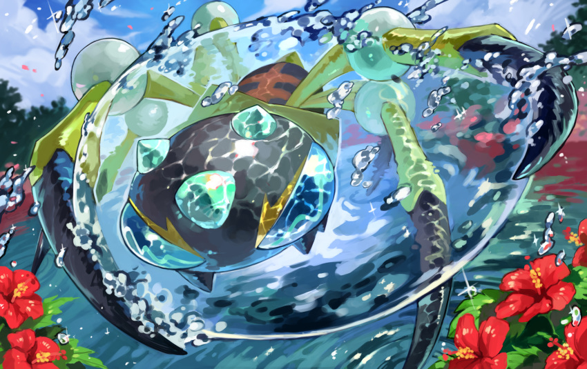 araquanid blue_eyes bug cloud commentary_request day flower gen_7_pokemon highres no_humans outdoors pokemon pokemon_(creature) red_flower sky solo sparkle tapioka_chaso water water_drop