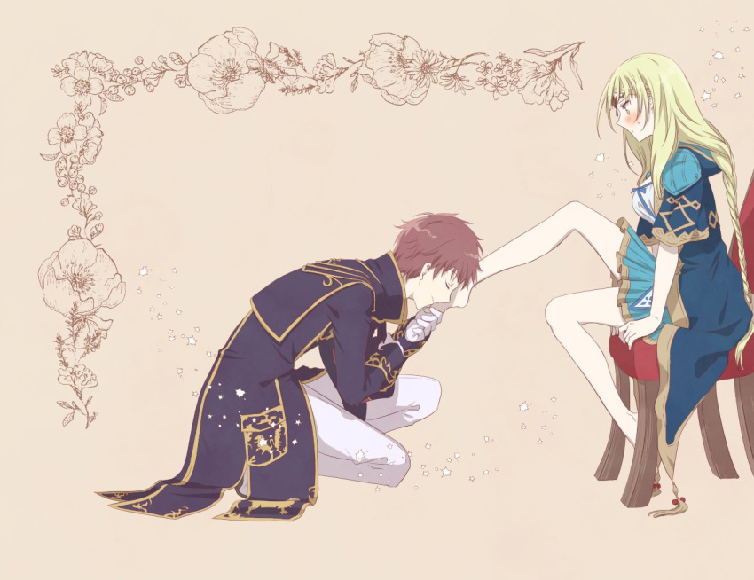 1boy 1girl atelier_(series) atelier_lulua brown_hair chair circlet closed_eyes couple ficus_finis hetero kneeling leg_kiss long_hair looking_at_another piana_(atelier) satsu sitting yellow_eyes