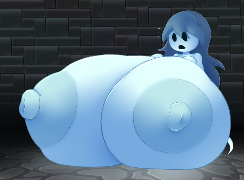 areola big_breasts blue_body blue_skin breast_expansion breasts dot_eyes elfdrago expansion female ghost hair hi_res huge_breasts humanoid hyper hyper_breasts inside levitation long_hair nipples not_furry solo spirit spooky's_jump_scare_mansion spooky_(sjm) surprise wall_(structure)