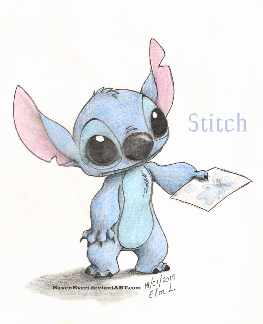 2015 4_fingers alien ambiguous_gender black_claws black_eyes blue_body blue_fur blue_nose character_name chest_tuft claws crayon_(artwork) disney drawing experiment_(lilo_and_stitch) fingers fur head_tuft hi_res lilo_and_stitch male_(lore) notched_ear paper ravenevert solo standing stitch_(lilo_and_stitch) text traditional_media_(artwork) tuft url