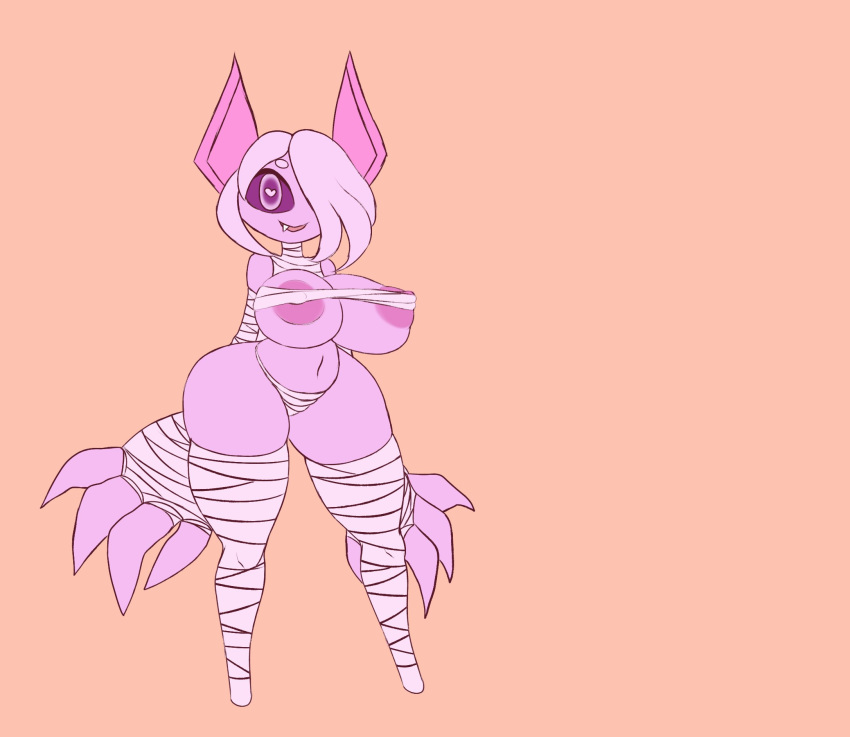 &lt;3 &lt;3_eyes areola bandage big_breasts big_butt breasts bubblemummy butt elfdrago fangs female hi_res huge_thighs humanoid navel one_eye_obstructed pink_body simple_background smile solo standing thick_thighs wide_hips