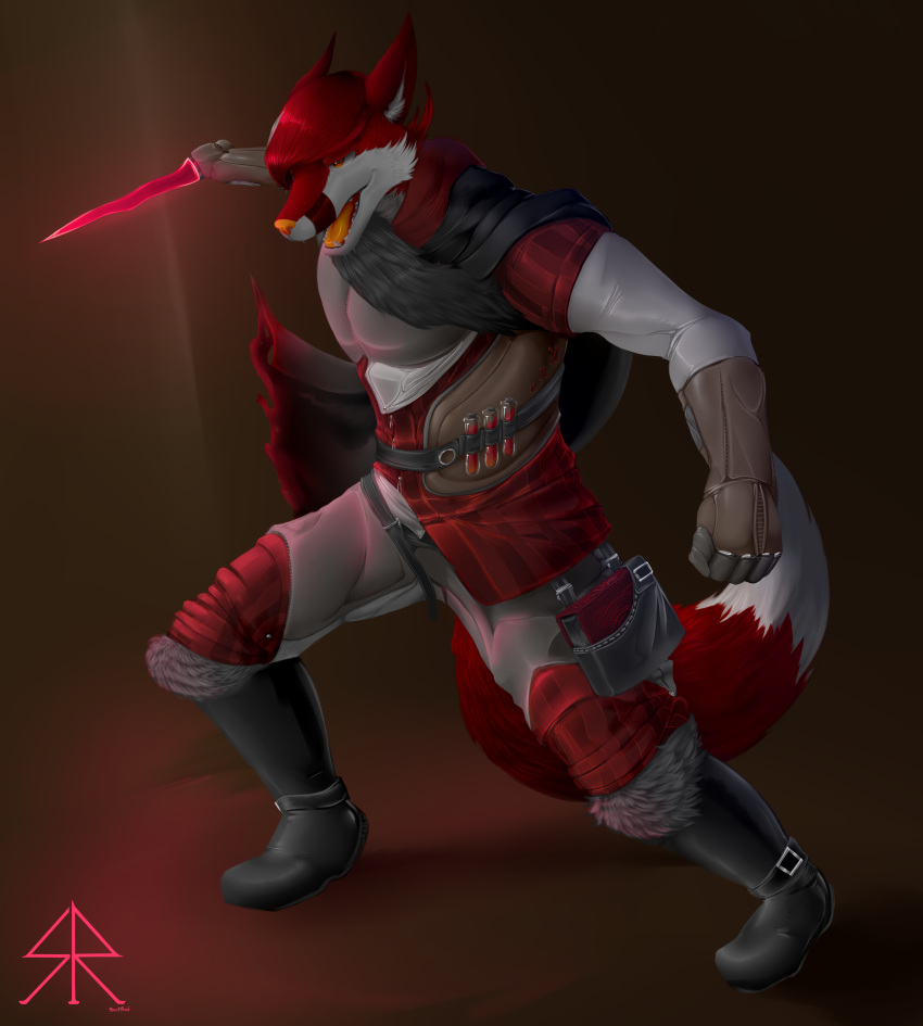 2018 5_fingers absurd_res anthro armor bag biped black_boots black_cape blade book boots bottomwear canid canine cape cheek_tuft clothed clothing digital_drawing_(artwork) digital_media_(artwork) dipstick_tail facial_tuft fangs fighting_pose fingers fist fluffy fluffy_tail footwear fox fur fur_tuft gloves grey_background grey_clothing grey_topwear half-closed_eyes handwear head_tuft hi_res holding_knife holding_object inner_ear_fluff knife male mammal multicolored_body multicolored_fur multicolored_tail narrowed_eyes open_mouth orange_eyes orange_nose orange_tongue pink_text pose red_body red_bottomwear red_clothing red_fur red_shorts scott_orwell_(scottred) scottred shorts side_view signature simple_background solo standing teeth text three-quarter_view tongue topwear tuft watermark white_body white_fur