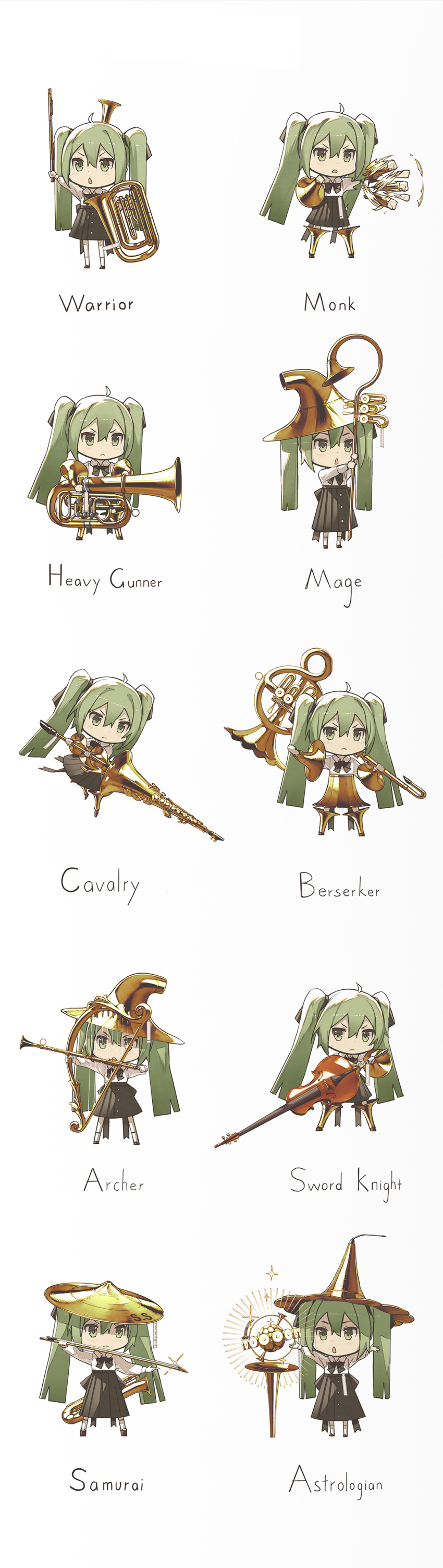 1girl :&lt; absurdres afterimage ahoge aiming archery arm_armor arm_up arms_up arrow_(projectile) astrolabe axe battle_axe black_skirt bow_(instrument) bow_(weapon) bullet cello chibi chinese_commentary clarinet clenched_hand commentary cymbals drawing_bow english_text faulds fighting_stance firing flute french_horn full_body glint globe gold green_eyes green_hair gun hair_ribbon harp hat hatsune_miku heavy_machine_gun highres holding holding_instrument holding_staff holding_weapon horn_(instrument) improvised_shield improvised_weapon instrument kieed lance large_hat leg_armor light_frown long_hair looking_at_viewer machine_gun mage multiple_views open_mouth orb outstretched_arm outstretched_arms over_shoulder pleated_skirt polearm punching rapid_punches ribbon samurai saxophone scabbard shadow sheath shirt skirt solo sparkle staff standing string sword triangle_mouth tuba twintails v-shaped_eyebrows very_long_hair vocaloid warrior weapon white_background white_shirt witch_hat