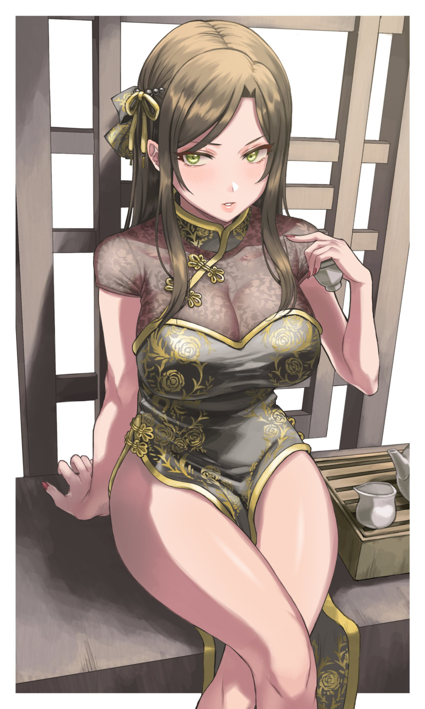 1girl absurdres arm_support bangs blush breasts brown_hair china_dress chinese_clothes cleavage commentary_request crossed_legs cup dress hair_ribbon highres holding holding_cup idolmaster idolmaster_cinderella_girls idolmaster_cinderella_girls_starlight_stage large_breasts long_hair looking_to_the_side mukai_takumi nail_polish parted_bangs parted_lips pink_lips red_nails ribbon ro_torobo see-through short_sleeves sidelocks sitting teapot thighs yellow_eyes