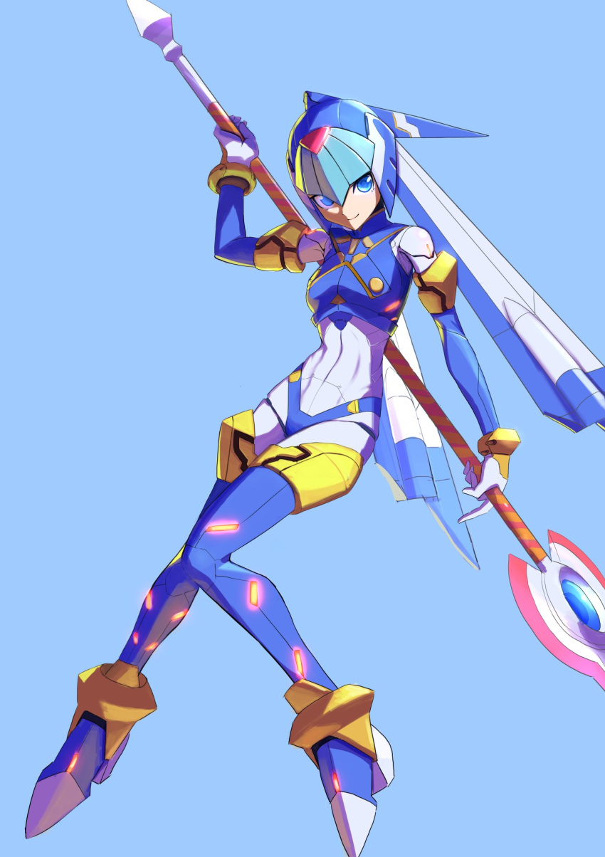 1girl alternate_design android blue_background blue_eyes breasts full_body helmet high_heels highres holding holding_weapon izumo_(ton_63) knees_together_feet_apart leviathan_(rockman) medium_breasts nemo_(leafnight) polearm rockman rockman_zero simple_background solo spear weapon