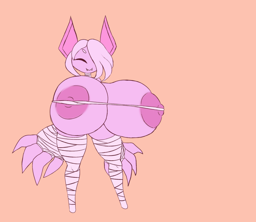 areola bandage big_breasts breast_expansion breasts bubblemummy elfdrago expansion eyes_closed fangs female hi_res huge_breasts huge_thighs humanoid hyper hyper_breasts nipples one_eye_obstructed pink_body simple_background smile solo standing thick_thighs wide_hips