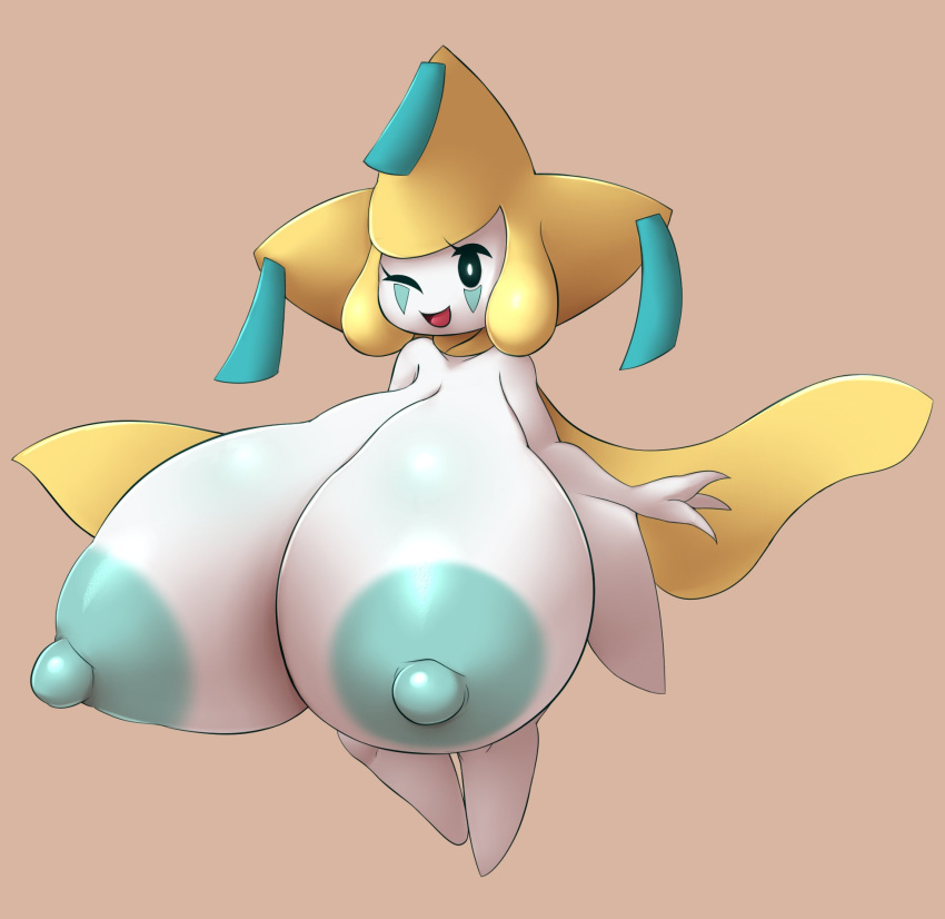 anthro areola big_breasts breast_expansion breasts elfdrago expansion female hi_res huge_breasts hyper hyper_breasts jirachi legendary_pok&eacute;mon nintendo nipples one_eye_closed pok&eacute;mon pok&eacute;mon_(species) simple_background smile solo standing video_games white_body white_skin wings wink