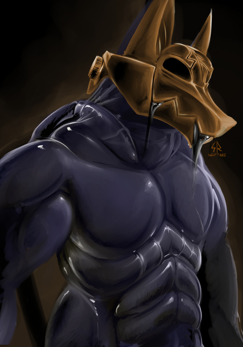 2018 abs absurd_res anthro biceps biped black_background black_body black_eyes black_goo black_skin black_suit canid canine clothed clothing digital_drawing_(artwork) digital_media_(artwork) empty_eyes faceless_male front_view goo_(disambiguation) goo_dripping gradient_background half-length_portrait hi_res leaking male mammal mask mind_control muscular muscular_male orange_text pecs portrait restrained rubber rubber_suit scottred signature simple_background solo standing suit text three-quarter_view tubes watermark yellow_mask