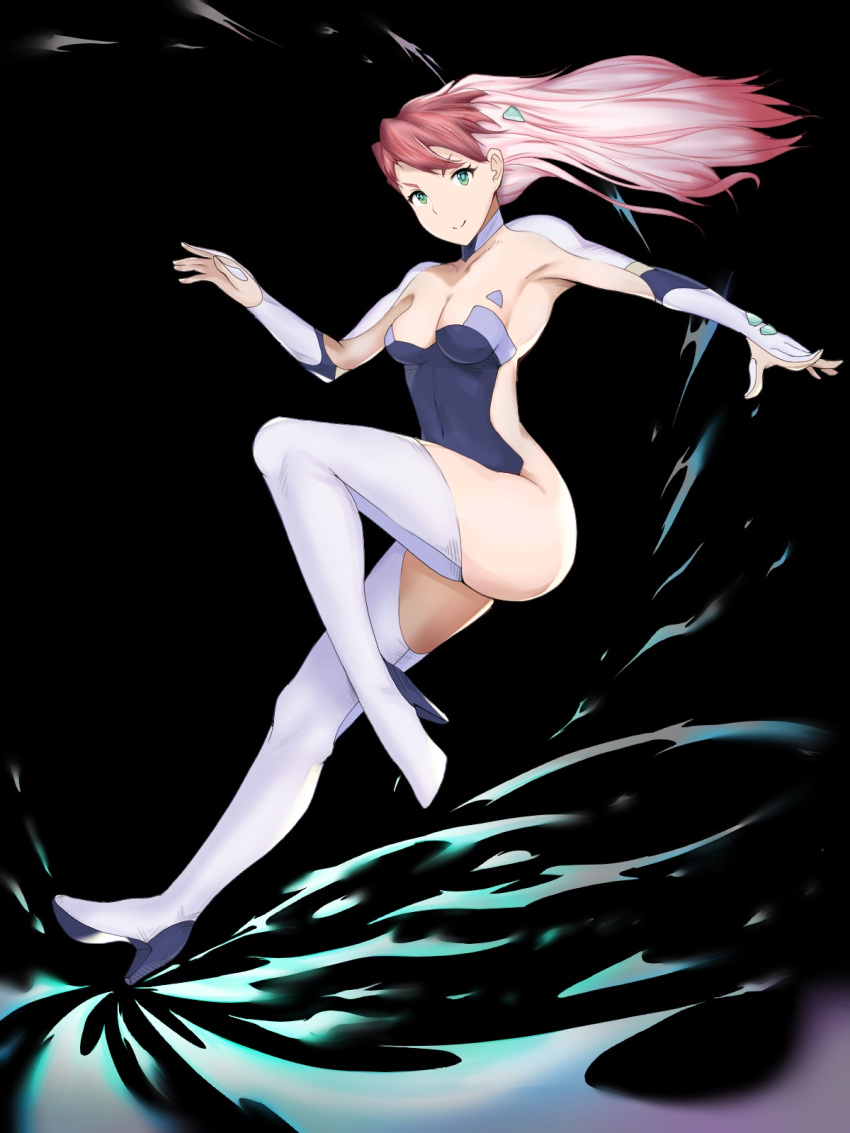 1girl birdy_cephon_altirra blue_leotard boots breasts cleavage closed_mouth elbow_gloves gloves granblue_fantasy_(style) green_eyes highres leotard long_hair looking_at_viewer multicolored_hair pink_hair smile solo tetsuwan_birdy tetsuwan_birdy_decode thigh_boots thighhighs two-tone_hair white_hair