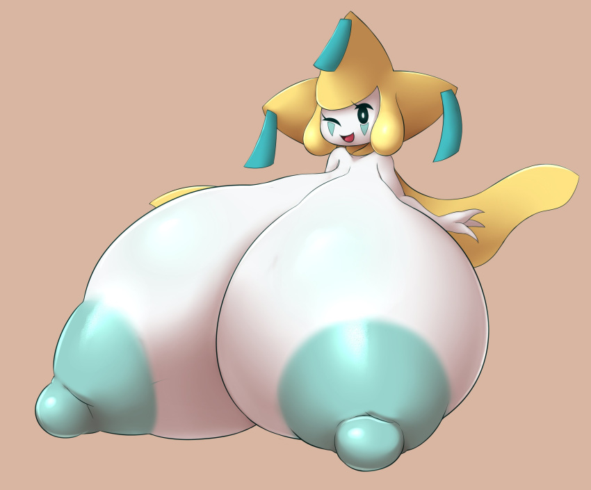 anthro areola big_breasts breast_expansion breasts elfdrago expansion female hi_res huge_breasts hyper hyper_breasts jirachi legendary_pok&eacute;mon nintendo nipples one_eye_closed pok&eacute;mon pok&eacute;mon_(species) simple_background smile solo video_games white_body white_skin wings wink