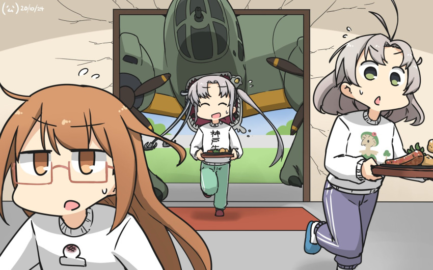 aircraft airplane akitsushima_(kantai_collection) alternate_costume anchor_hair_ornament antenna_hair brown_eyes brown_hair closed_eyes clothes_writing commentary_request crack dated door food green_eyes green_pants grey_hair hair_ornament hamu_koutarou highres hotplate kantai_collection kinugasa_(kantai_collection) long_hair medium_hair mochi mochizuki_(kantai_collection) pants purple_pants red-framed_eyewear semi-rimless_eyewear side_ponytail sidelocks sweater track_pants under-rim_eyewear white_legwear white_sweater