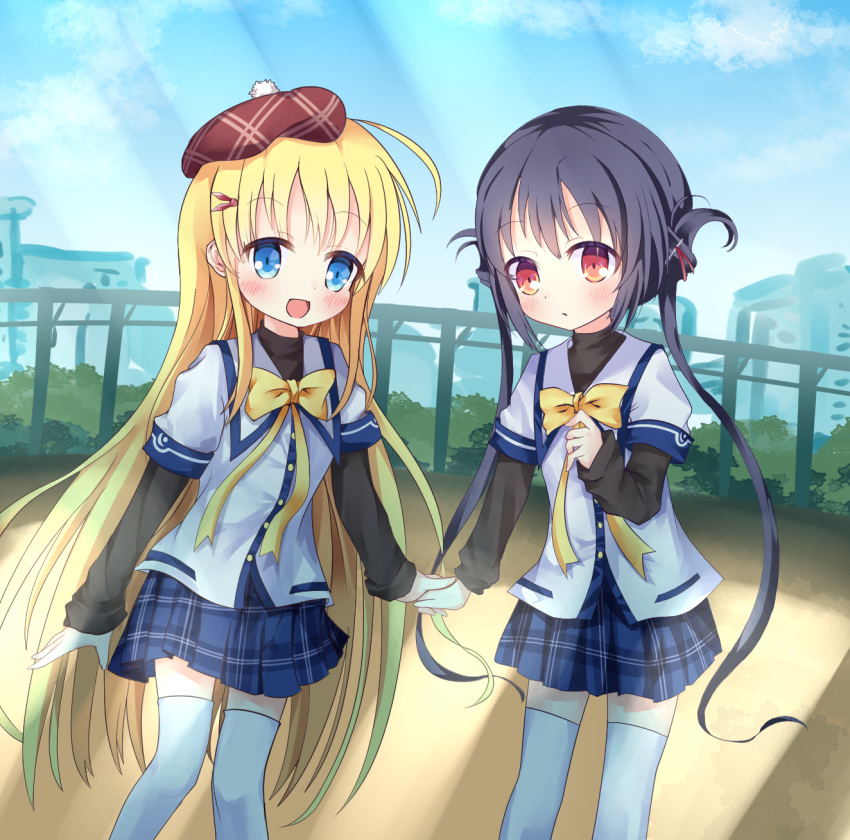 2girls black_hair black_shirt blonde_hair blue_eyes blue_skirt brown_eyes brown_headwear cloud clover_days hair_ornament hairclip hat highres holding_hands long_hair multiple_girls open_mouth outdoors p-hone plaid plaid_skirt school_uniform shirt siblings sisters skirt sky smile takakura_anri takakura_anzu thighhighs twintails very_long_hair white_legwear white_shirt