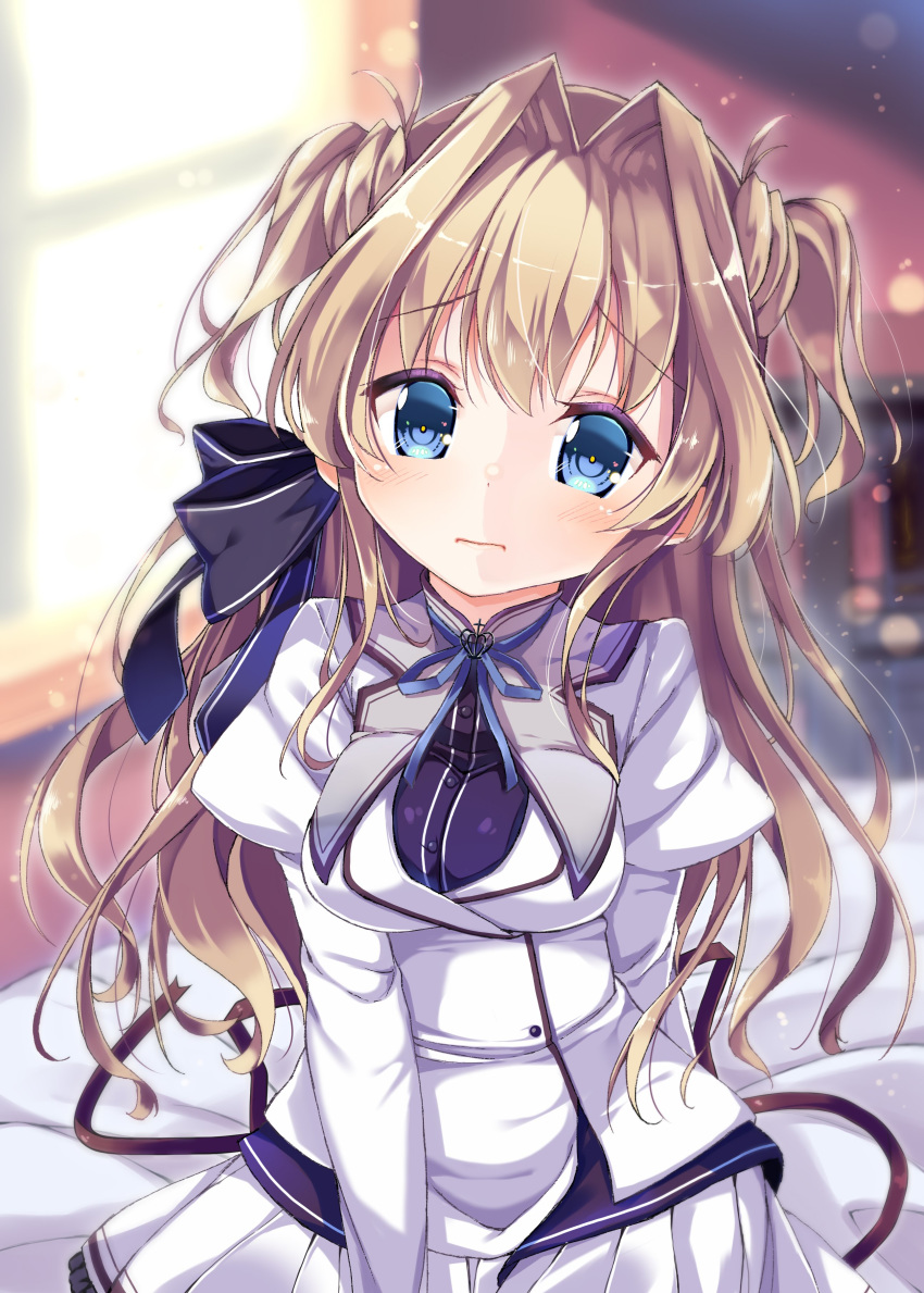 1girl absurdres bed black_shirt blazer blonde_hair blue_eyes blue_neckwear bow breasts eyebrows_visible_through_hair hair_bow hair_intakes hair_ribbon highres indoors jacket juliet_sleeves long_hair long_sleeves mashiroiro_symphony medium_breasts neck_ribbon neko_pan on_bed puffy_sleeves ribbon school_uniform sena_airi shirt sitting sitting_on_bed skirt solo sunlight white_skirt window