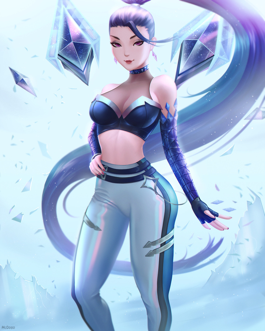 1girl black_hair breasts crystal_earrings detached_sleeves earrings eyeshadow fingerless_gloves forehead gloves halter_top halterneck hand_on_hip high-waist_pants high_ponytail highres jewelry k/da_(league_of_legends) kai'sa league_of_legends lips long_hair looking_at_viewer makeup mcdobo medium_breasts ponytail purple_eyes see-through single_fingerless_glove smile solo the_baddest_kai'sa very_long_hair