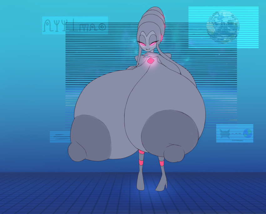 alien areola big_breasts breast_expansion breasts earth elfdrago expansion female grey_body grey_skin hi_res huge_breasts humanoid hyper hyper_breasts narrowed_eyes nintendo nipples pok&eacute;mon solo standing video_games