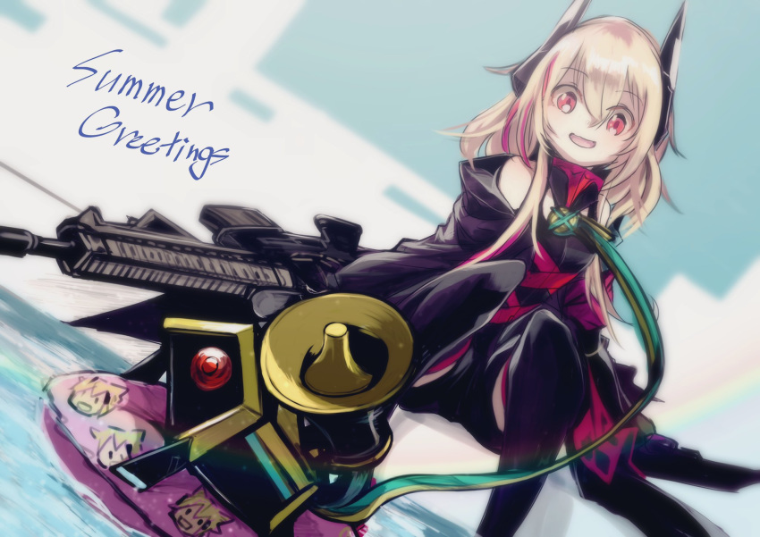 1girl assault_rifle bangs bare_shoulders blonde_hair commentary_request english_text eyebrows_visible_through_hair feet_out_of_frame girls_frontline gun hair_between_eyes headgear highres jacket long_hair looking_at_viewer m4_carbine m4_sopmod_ii_(girls_frontline) megaphone mineta_naoki multicolored_hair on_water open_mouth pink_hair red_eyes rifle ro635_(dinergate) robot sidelocks smile streaked_hair water weapon