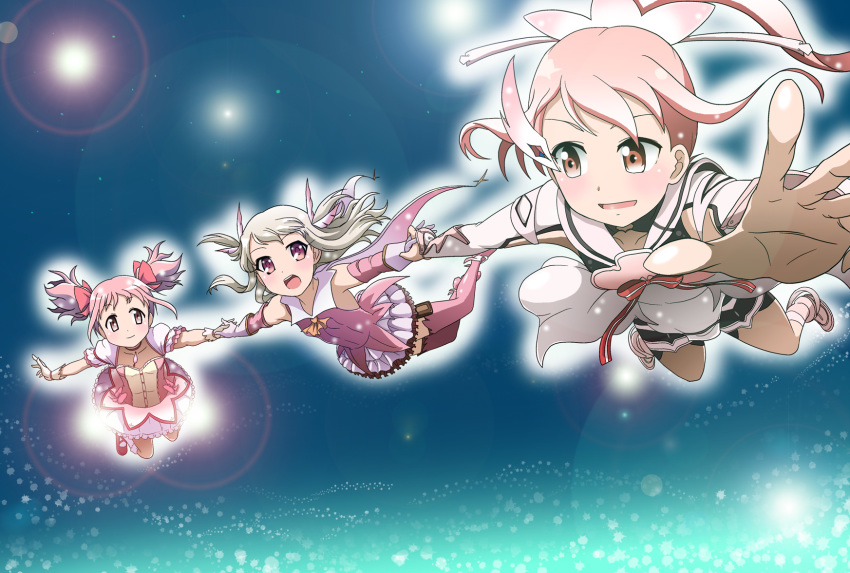 3girls :d armpits bike_shorts black_shorts boots bow collarbone crossover detached_sleeves fate/kaleid_liner_prisma_illya fate_(series) feathers floating_hair flying full_body gloves hair_bow hair_feathers hair_ornament hairpin highres holding_hands interlocked_fingers kakkii kaname_madoka layered_skirt lens_flare long_hair long_sleeves mahou_shoujo_madoka_magica miniskirt multiple_girls open_mouth outstretched_arms outstretched_hand pink_bow pink_eyes pink_feathers pink_footwear pink_hair pink_sleeves pleated_skirt prisma_illya red_eyes sailor_collar shiny shiny_hair shirt short_shorts shorts silver_hair skirt sleeveless sleeveless_shirt smile strapless thigh_boots thighhighs twintails white_gloves white_sailor_collar white_skirt yellow_shirt yuuki_yuuna yuuki_yuuna_wa_yuusha_de_aru yuusha_de_aru zettai_ryouiki