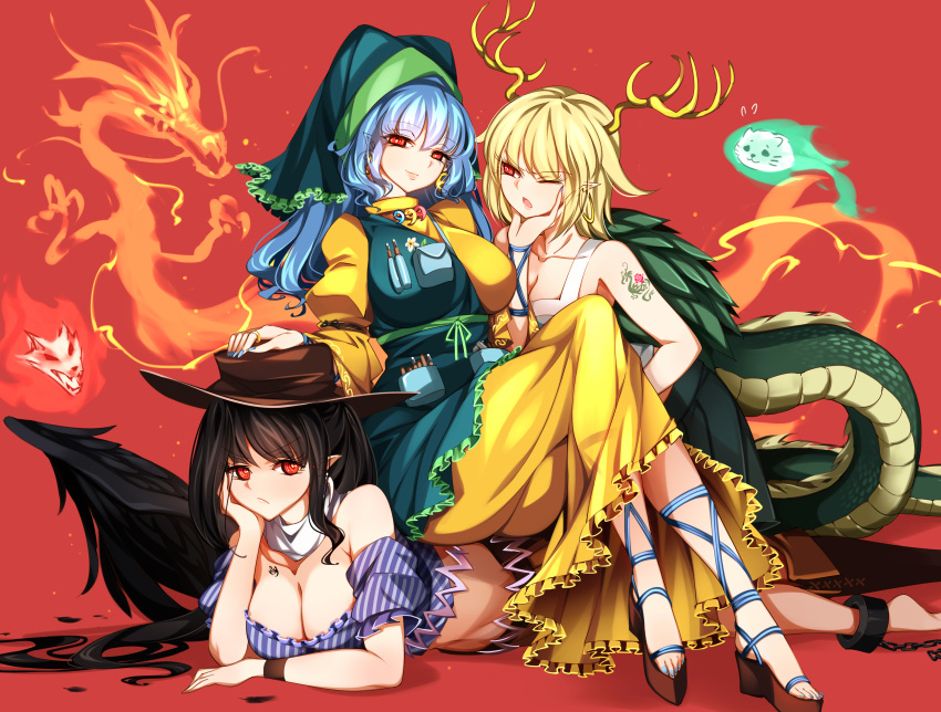 3girls absurdres antlers bangs bare_shoulders black_hair black_wings blonde_hair blue_hair blue_nails blue_shirt breast_tattoo breasts cheek_rest chin_grab cleavage closed_mouth commentary_request cowboy_hat crossed_legs dragon_tail earrings elbow_rest eyebrows_visible_through_hair feathered_wings feathers ghost hand_on_another's_chin hand_on_another's_face hand_on_another's_head haniyasushin_keiki hat highres horns jewelry kicchou_yachie kurokoma_saki large_breasts long_hair long_sleeves looking_at_viewer lying multiple_girls nail_polish off-shoulder_shirt off_shoulder on_stomach platform_footwear pointy_ears pout raptor7 red_background red_eyes shirt short_hair short_sleeves shoulder_tattoo sidelocks sitting sitting_on_person sleeveless spirit tail tattoo touhou white_neckwear wide_sleeves wings