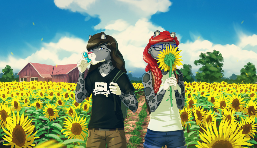 5_fingers anthro backpack blue_eyes bottomwear brother brother_and_sister brown_hair clothing cloud day detailed_background duo eyes_closed eyewear felid female fingers flower fur glasses grass grey_body grey_fur hair holding_flower holding_object hynik_(artist) inhaler long_hair looking_at_another male male/female mammal markings outside pantherine pants pink_nose plant red_hair shirt shorts sibling sister smelling_flower snow_leopard sonic_youth sunflower tank_top topwear tree vanessa_(hynik) vincent_(hynik) white_hair