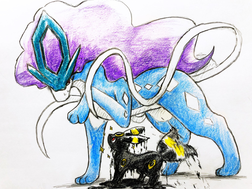 2020 3_toes 4:3 ambiguous_gender biped black_body black_fur black_nose black_tail blue_body blue_fur bodily_fluids colored_pencil_(artwork) countershading dripping duo eeveelution eiroru eye_contact feral fluffy fluffy_tail fur hair hi_res ink legendary_pok&eacute;mon looking_at_another looking_up markings multicolored_body multicolored_fur multicolored_tail nintendo paws pok&eacute;mon pok&eacute;mon_(species) purple_hair red_eyes ribbons side_view simple_background size_difference slim snout standing star suicune sweat tailwag toes traditional_media_(artwork) two_tone_body two_tone_fur two_tone_tail umbreon video_games wet white_background white_countershading white_markings yellow_body yellow_fur yellow_tail