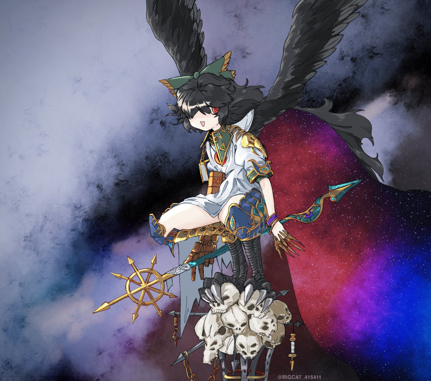 1girl armor bangle bangs bigcat_114514 bird_legs bird_wings black_hair black_wings bracelet cape chain chaos_(warhammer) dress english_commentary eyebrows_visible_through_hair full_body gold_armor gold_trim hair_between_eyes hair_over_one_eye highres holding holding_polearm holding_weapon jewelry leg_armor long_hair looking_at_viewer mechanical_arm necklace pauldrons plate_armor polearm red_eyes reiuji_utsuho short_dress short_sleeves shoulder_armor signature skull solo spear squatting starry_background starry_sky_print talons third_eye touhou triangle_mouth twitter_username tzeentch very_long_hair warhammer_40k weapon white_dress wings