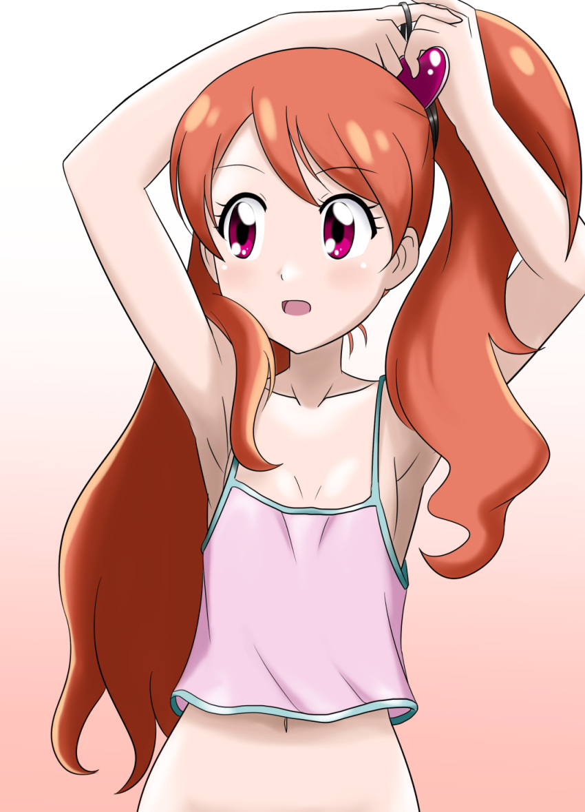 1girl armpits arms_up bangs breasts camisole cleavage collarbone crop_top eyebrows_visible_through_hair gradient gradient_background hair_between_eyes hair_ornament hair_over_shoulder heart heart_hair_ornament highres kakkii kirakira_precure_a_la_mode looking_to_the_side midriff navel open_mouth pink_background precure red_eyes side_ponytail small_breasts solo spaghetti_strap stomach tying_hair upper_body usami_ichika white_background