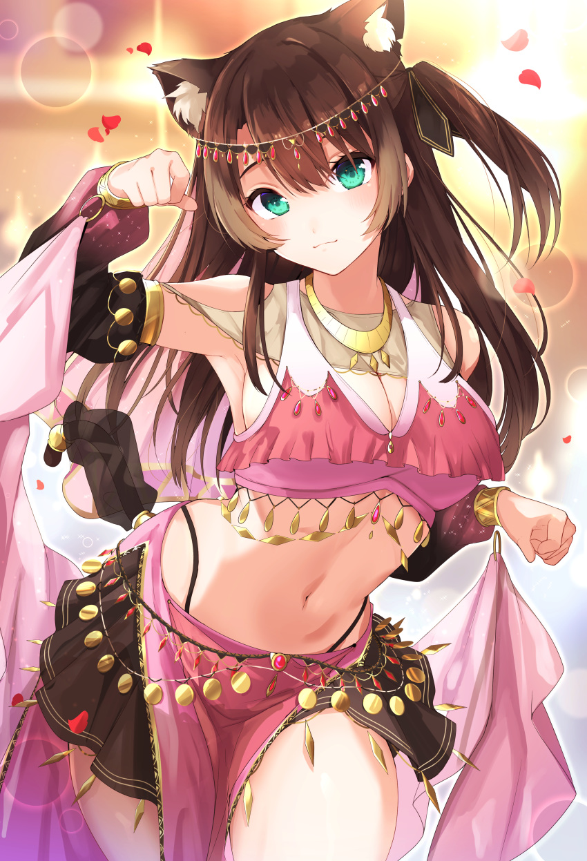 1girl absurdres animal_ears arm_up armpits backlighting bangs blush breasts brown_hair cat_ears cat_girl cat_tail circlet cleavage closed_mouth commentary_request cowboy_shot dancer detached_collar fumino_tamaki goroo_(eneosu) green_eyes highres large_breasts leaning_forward lens_flare long_hair long_sleeves looking_at_viewer necktie nijisanji one_side_up paw_pose petals revealing_clothes see-through shawl smile solo tail thighs virtual_youtuber