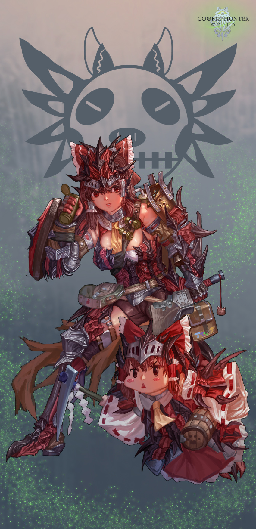 2girls absurdres angry armor armored_boots armpit_crease ascot backlighting bangs bare_shoulders barrel belt bike_shorts blush_stickers boots bow breasts brown_hair cameltoe chibi cleft_of_venus collared_shirt commentary_request cookie_(touhou) copyright_name dagger detached_sleeves explosive frilled_bow frilled_skirt frills gauntlets gloves gohei grenade hair_between_eyes hair_bow hair_tubes hakurei_reimu helmet highres holding holding_dagger holding_weapon keychain large_breasts leg_armor looking_to_the_side medium_hair monster_hunter monster_hunter:_world multiple_girls nontraditional_miko paw_print pickaxe pouch rathalos_(armor) red_bow red_eyes red_gloves red_shirt red_skirt reu_(cookie) ribbon-trimmed_sleeves ribbon_trim sakenomi_(cookie) shield shirt skirt skirt_set sleeveless sleeveless_shirt standing teeth thigh_strap tomovan touhou triangle_mouth utility_belt weapon yellow_neckwear |d