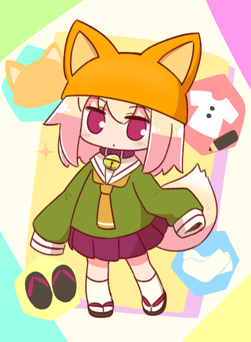 1girl animal_ears animal_hat bangs bell bell_collar black_footwear blonde_hair blush brown_collar brown_headwear closed_mouth collar doubutsu_no_mori eyebrows_visible_through_hair fake_animal_ears fox_ears fox_hat fox_tail full_body green_shirt hair_between_eyes hat highres jingle_bell kemomimi-chan_(naga_u) kneehighs long_hair long_sleeves looking_at_viewer naga_u orange_neckwear original pleated_skirt purple_skirt red_eyes sailor_collar shirt skirt sleeves_past_fingers sleeves_past_wrists solo sparkle standing tail white_legwear white_sailor_collar zouri