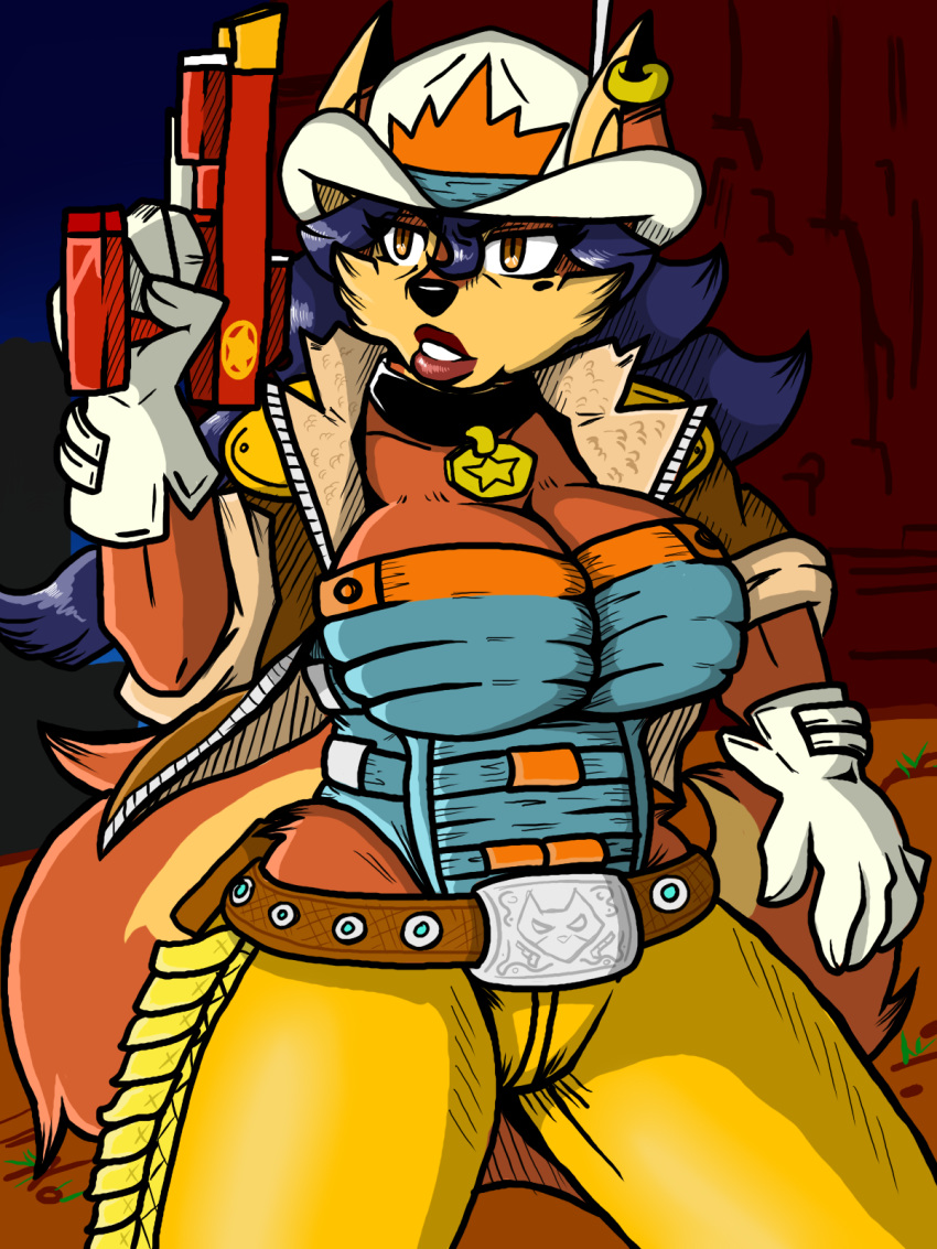 2020 3:4 anthro belt belt_buckle big_breasts blaster bravestarr breasts canid canine carmelita_fox clothing cosplay cowboy_hat crossover crossover_cosplay female filmation fox gloves handwear hat headgear headwear hi_res humanoid law_enforcement mammal neckwear playstation sly_cooper_(series) solo sony_corporation sony_interactive_entertainment sucker_punch_productions video_games xxtheoneguyxx