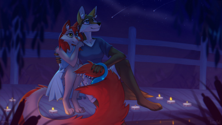 anthro blue_eyes bonding bridge candle candlelight canid canine canis darkflamewolf daughter duo family fan_character female fur hair heterochromia if-fi lumyowl mammal mother mother_and_child mother_and_daughter murana_wolford_(darkflame-wolf) night parent parent_and_child red_body red_fur red_hair river shooting_star star tail_maw tail_mouth taylor_renee_wolford_(darkflamewolf) water wolf yellow_eyes