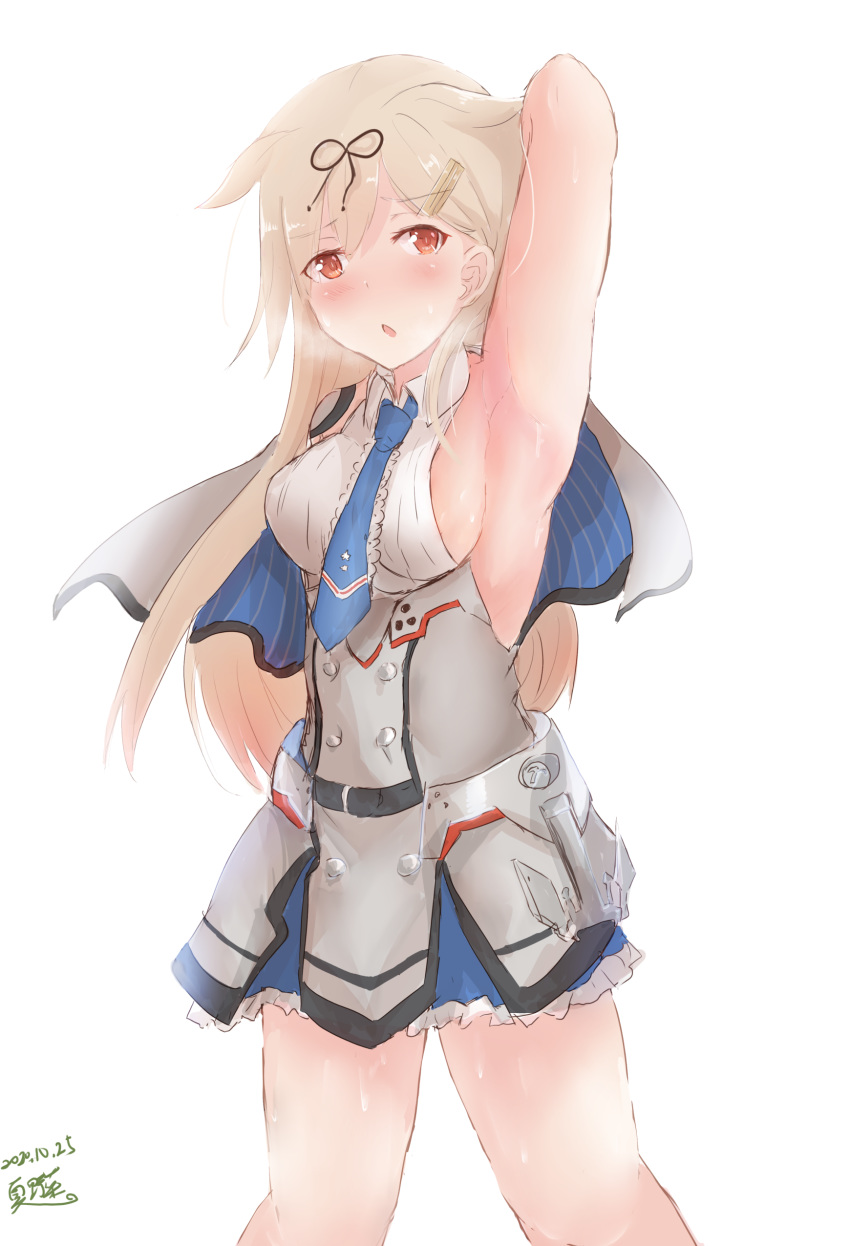 1girl absurdres arm_up armpits black_ribbon blonde_hair blue_neckwear breasts capelet colorado_(kantai_collection) colorado_(kantai_collection)_(cosplay) cosplay dress grey_capelet grey_dress hair_flaps hair_ornament hair_ribbon hairclip highres itoshe kantai_collection long_hair medium_breasts necktie pleated_dress red_eyes remodel_(kantai_collection) ribbon sideboob sleeveless solo yuudachi_(kantai_collection)