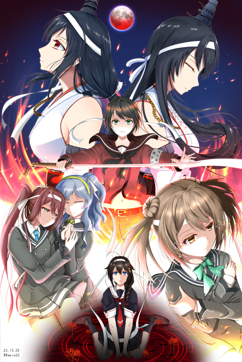 6+girls ahoge asagumo_(kantai_collection) bangs black_hair black_serafuku black_shirt black_skirt blue_eyes blue_hair braid brown_hair brown_sailor_collar brown_serafuku brown_shorts closed_eyes detached_sleeves double_bun fusou_(kantai_collection) green_eyes hachiware_(8ware63) hair_bun hair_flaps hair_ornament hair_over_shoulder highres holding holding_sword holding_weapon japanese_clothes kantai_collection katana light_brown_hair long_hair long_sleeves michishio_(kantai_collection) miniskirt mogami_(kantai_collection) multiple_girls neckerchief nontraditional_miko pleated_skirt ponytail red_eyes red_neckwear remodel_(kantai_collection) sailor_collar school_uniform serafuku shigure_(kantai_collection) shirt short_hair short_sleeves short_twintails shorts sidelocks single_braid skirt swept_bangs sword twintails wavy_hair weapon yamagumo_(kantai_collection) yamashiro_(kantai_collection) yellow_eyes