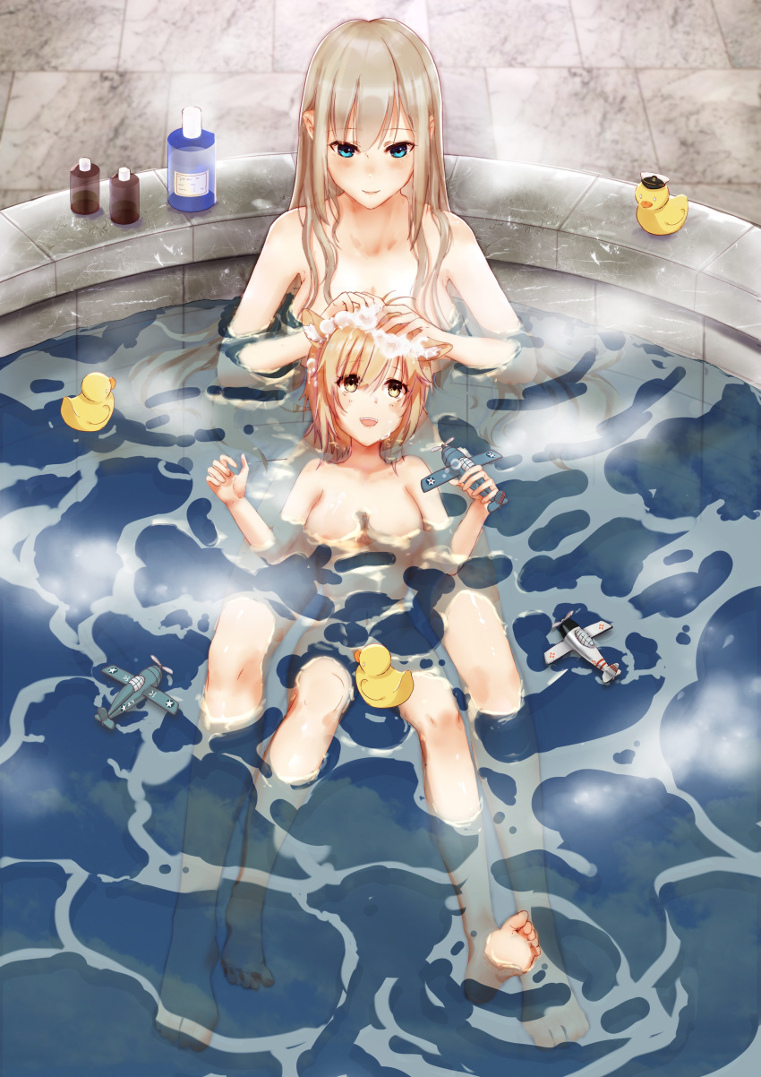 2girls absurdres aircraft airplane bath bathing bathroom blonde_hair blue_eyes breasts convenient_censoring hands_on_another's_head highres large_breasts lexington_(warship_girls_r) medium_breasts multiple_girls n.s.egg navel nude partially_submerged platinum_blonde_hair rubber_duck shampoo shared_bathing short_hair soap warship_girls_r washing washing_hair water yellow_eyes