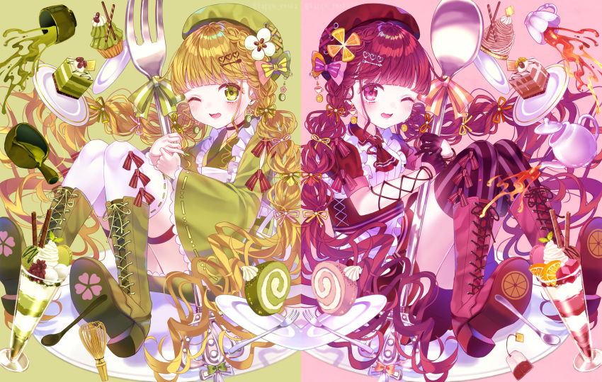 2girls blonde_hair boots cale drink food green_eyes kappe_reeka long_hair original purple_eyes red_hair twintails wink