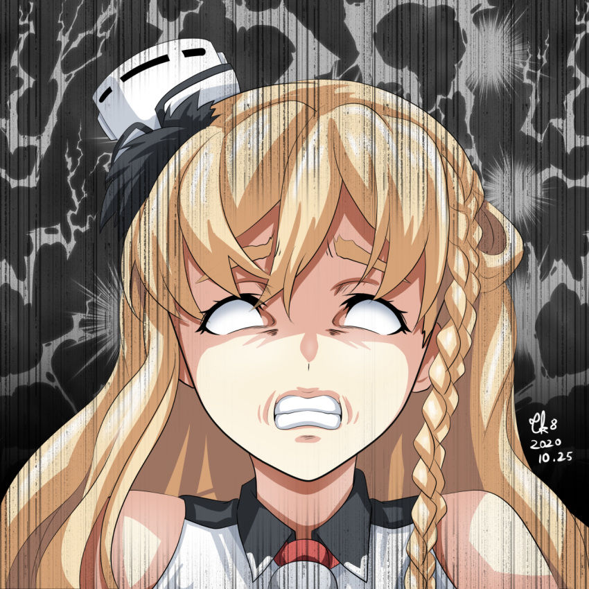 1girl angry black_legwear blank_eyes blonde_hair braid clenched_teeth commentary_request french_braid hat highres kantai_collection long_hair mini_hat solo teeth thick_eyebrows tilted_headwear tk8d32 upper_body wavy_hair white_headwear zara_(kantai_collection)