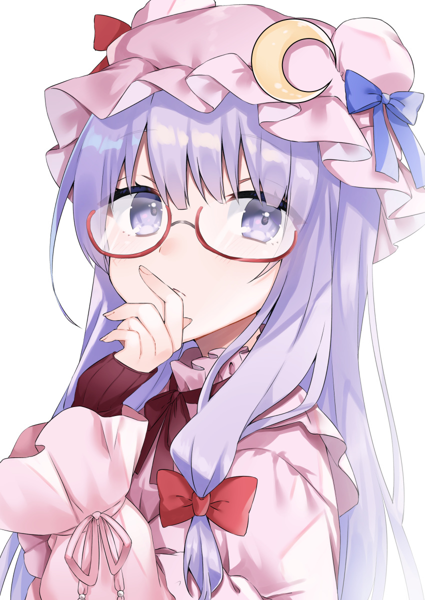 1girl abe_suke absurdres bangs bespectacled blush bow closed_mouth crescent crescent_moon_pin double_bun dress eyebrows_behind_hair glasses hair_between_eyes hair_bow hand_up hat highres long_hair long_sleeves looking_at_viewer mob_cap patchouli_knowledge pink_dress pink_headwear puffy_long_sleeves puffy_sleeves purple_eyes purple_hair red-framed_eyewear red_bow semi-rimless_eyewear simple_background sleeves_past_wrists solo touhou under-rim_eyewear upper_body v-shaped_eyebrows white_background