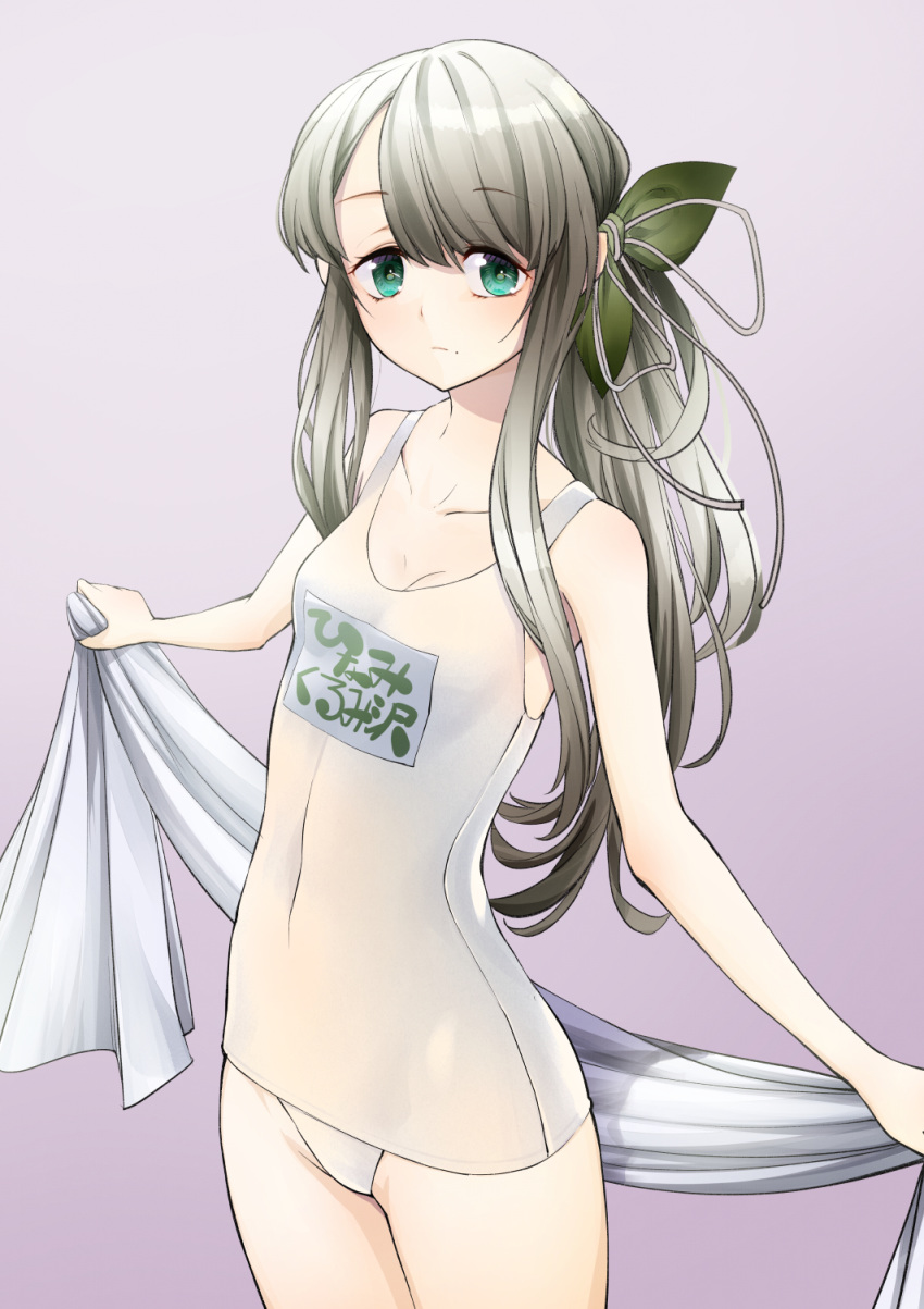 1girl aqua_eyes bangs bare_shoulders blush breasts cleavage closed_mouth clothes_writing cluseller collarbone commentary_request covered_navel cowboy_shot eyebrows_visible_through_hair gradient gradient_background green_ribbon grey_hair hair_ribbon highres hinamizawa_kurumi holding light_blush long_hair mole mole_under_mouth one-piece_swimsuit ponytail purple_background pygmalion._(group) ribbon shiny shiny_hair sidelocks simple_background small_breasts solo standing swimsuit tied_hair towel translation_request virtual_youtuber white_swimsuit