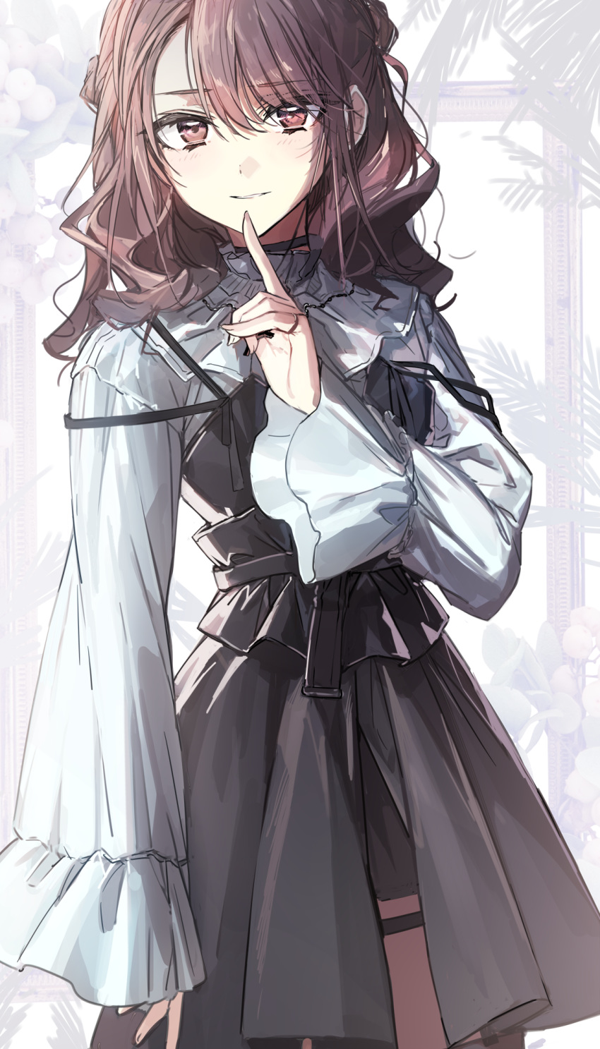 1girl arm_at_side asymmetrical_bangs bangs brown_eyes brown_hair choker cowboy_shot dress finger_to_chin frilled_shirt_collar frilled_sleeves frills highres jewelry long_hair long_sleeves original parted_lips ring solo standing strap_slip wattaro wavy_hair wide_sleeves